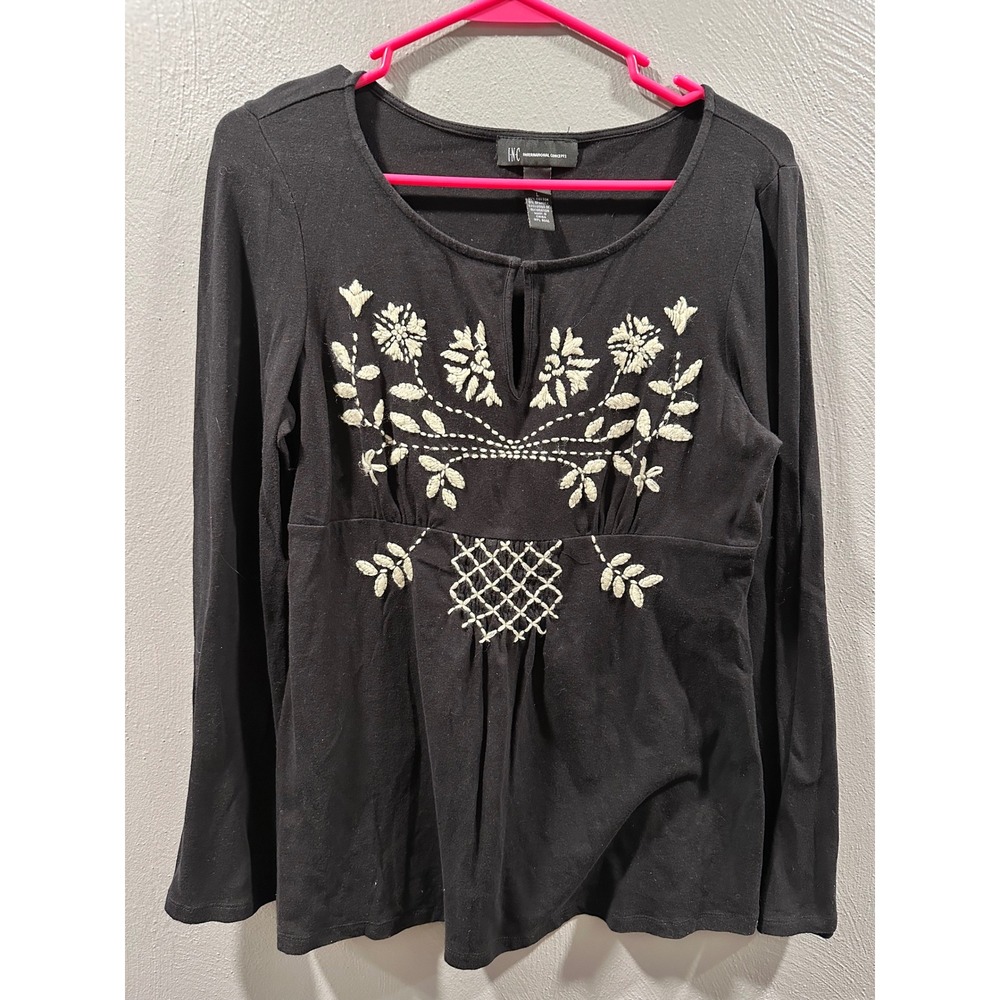 INC International Concepts Black Embroidered Long Sleeve Empire Waist Top Large